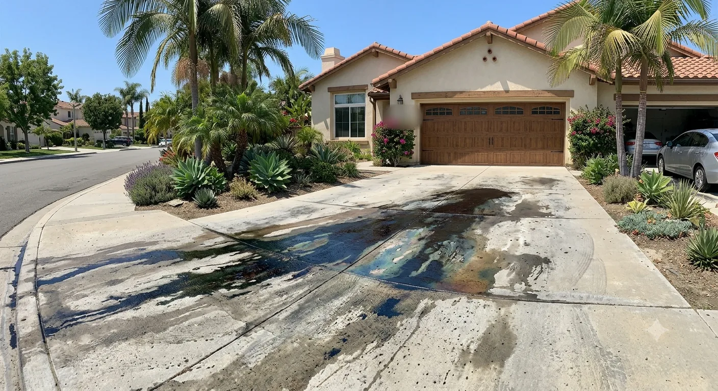 Residential driveway before cleaning, showing dark oil and organic staining