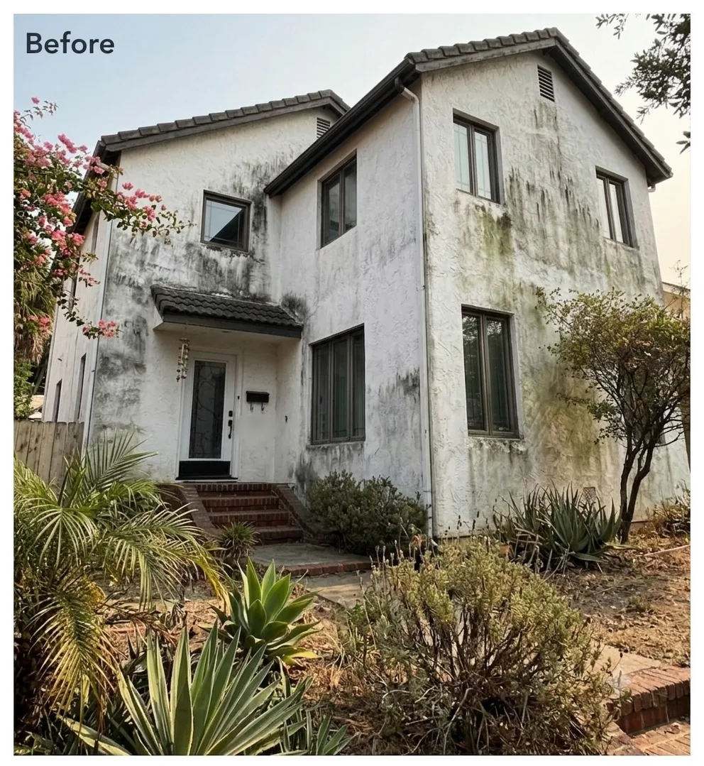Two-story stucco home exterior before washing, showing dark mold and mildew staining