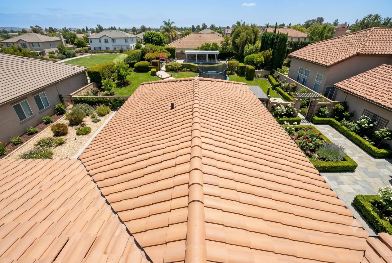 Aerial view of a concrete tile roof after cleaning, restored to its natural terracotta color